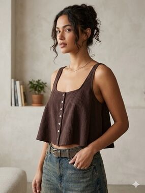 Zara Chocolate Brown Cropped Button-Front Tank